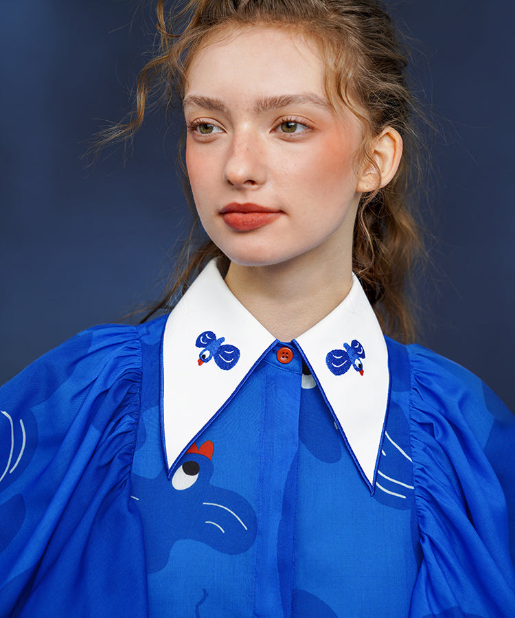 Blue Bird Ruffle Sleeve Blouse