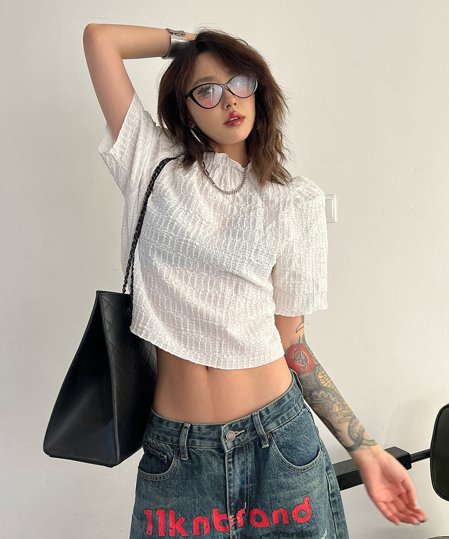Puff Sleeve Ripple-fabric Top