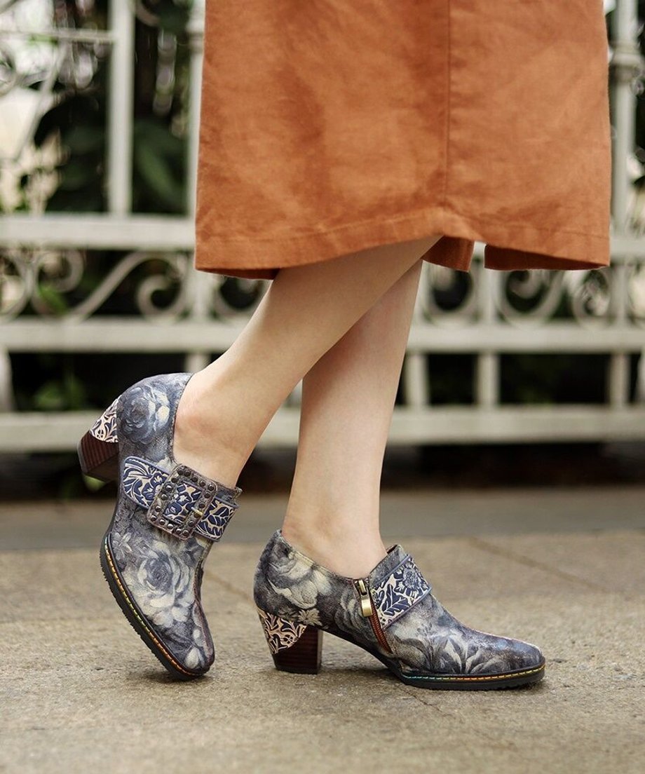 Vintage Floral Buckle Artistic Heel Shoes