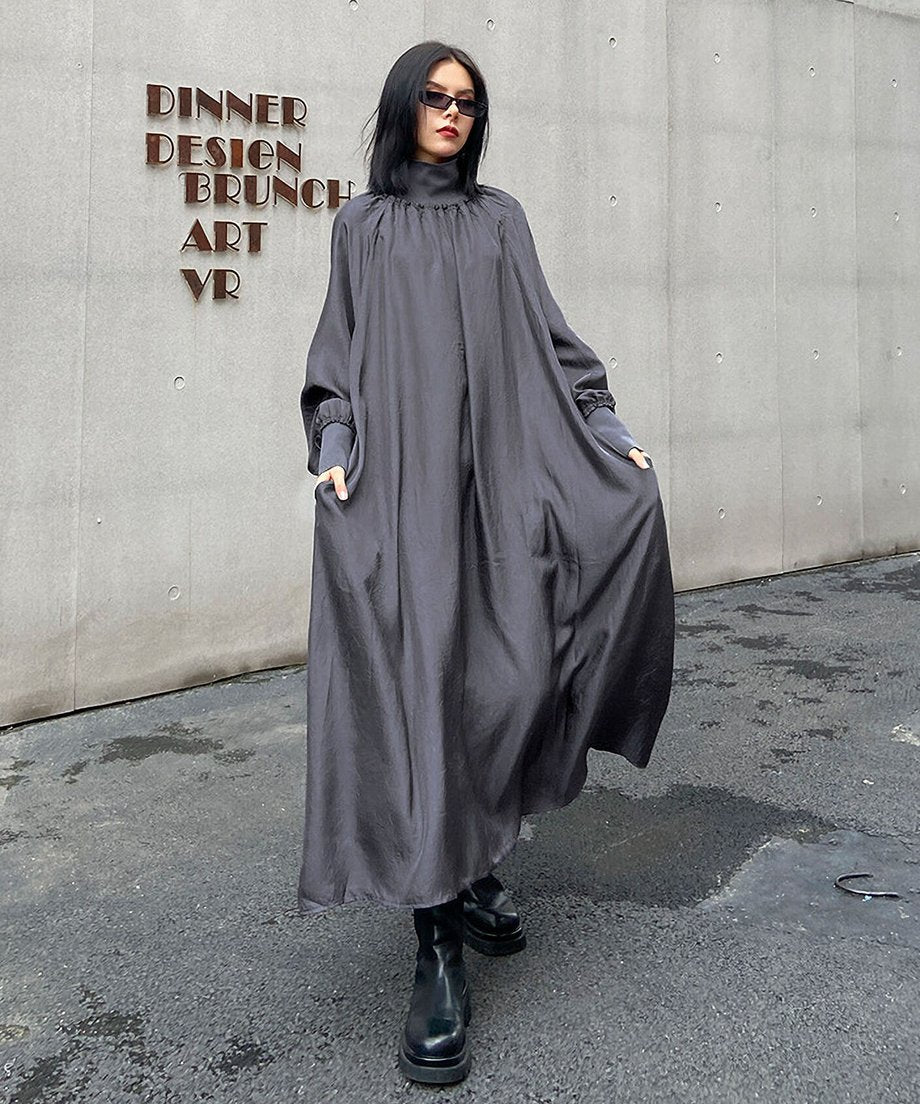 Glossy Gathered High Neck Dress