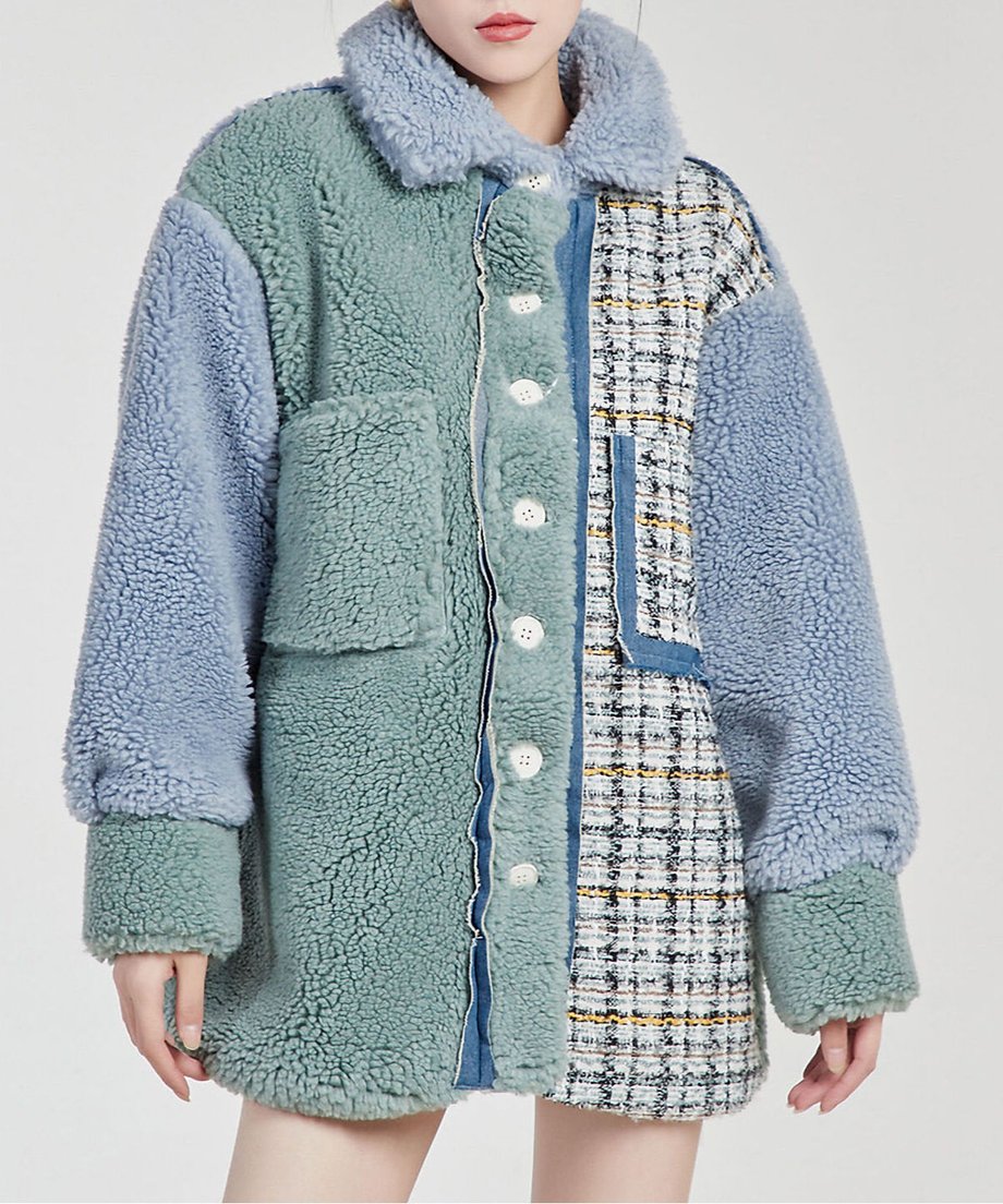 Mixed Texture Color Block Boa Coat