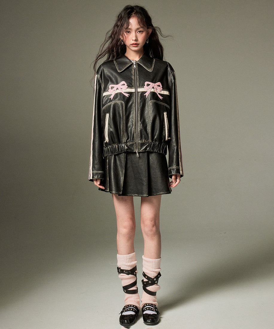 Ribbon Patchwork Faux Leather Jacket