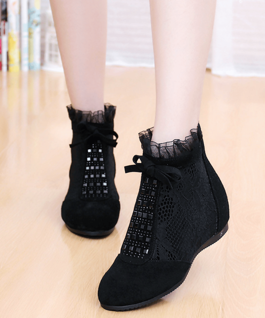 Lace Mesh Ribbon Flat Boots