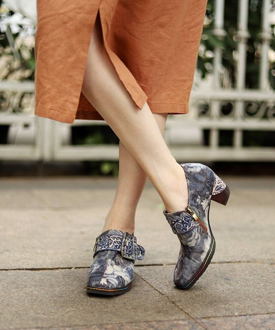Vintage Floral Buckle Artistic Heel Shoes