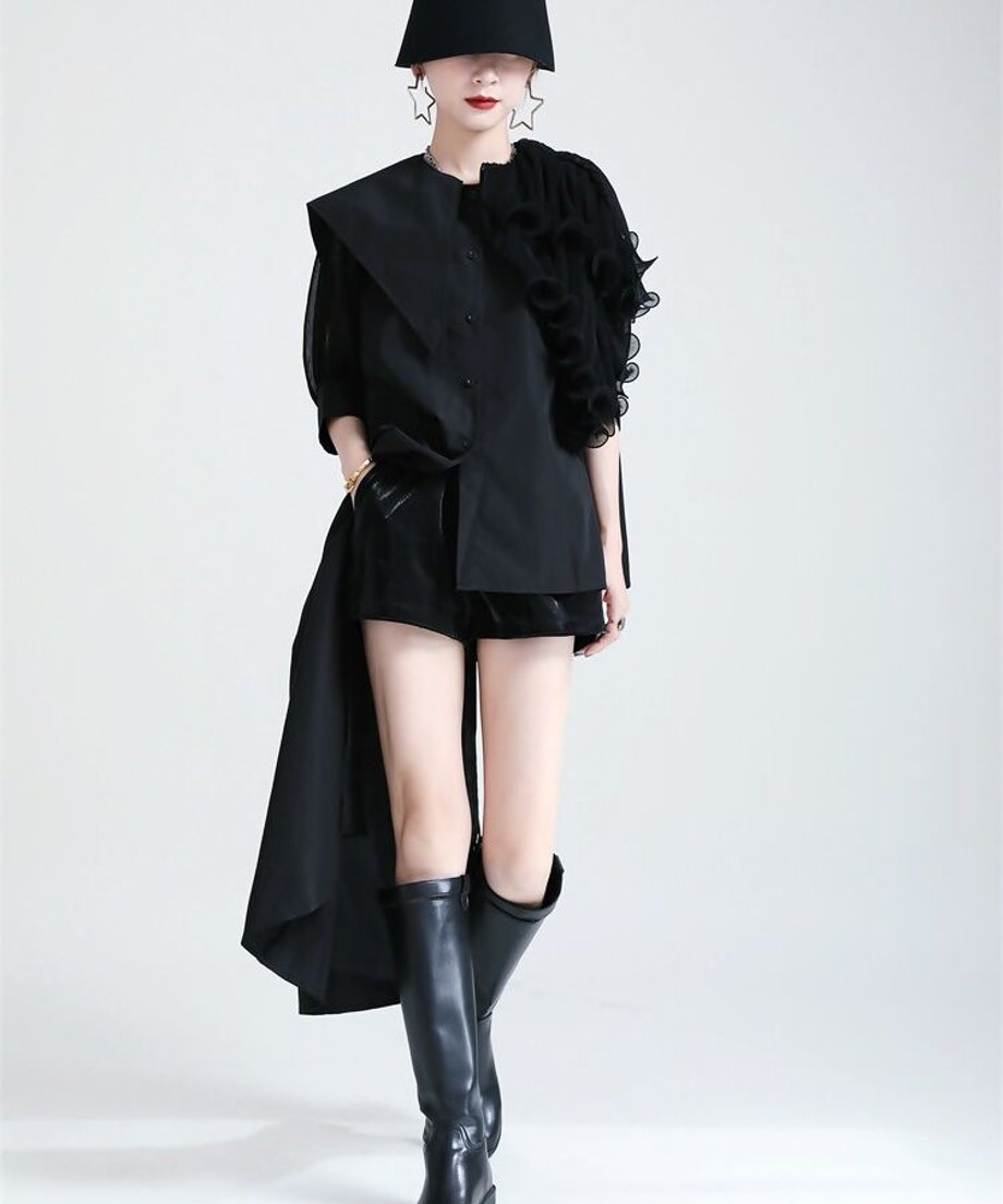 Ruffle Pleated Half Sleeve Blouse