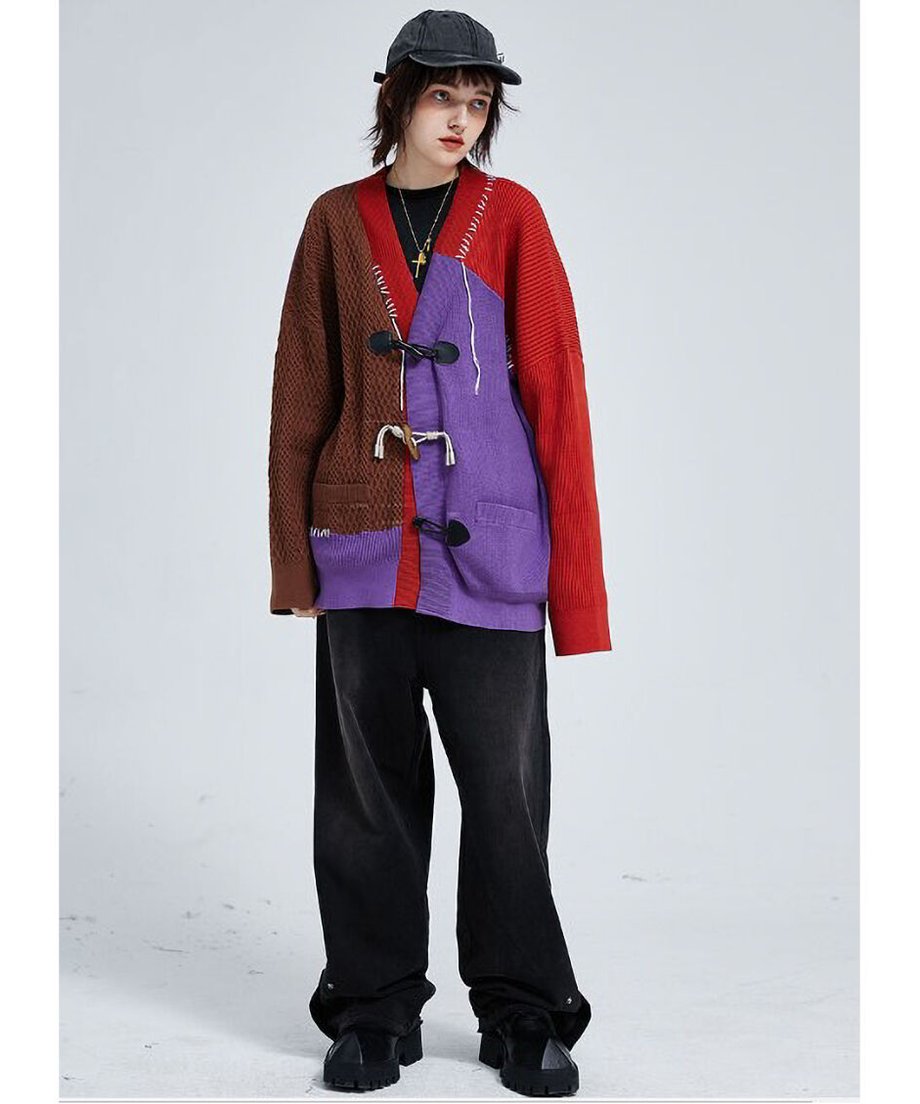 Two-Tone Patchwork Knit Cardigan