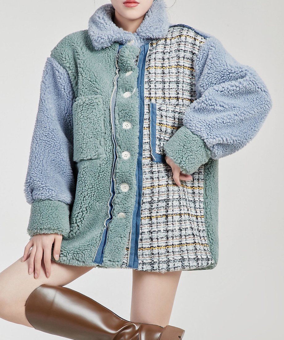 Mixed Texture Color Block Boa Coat