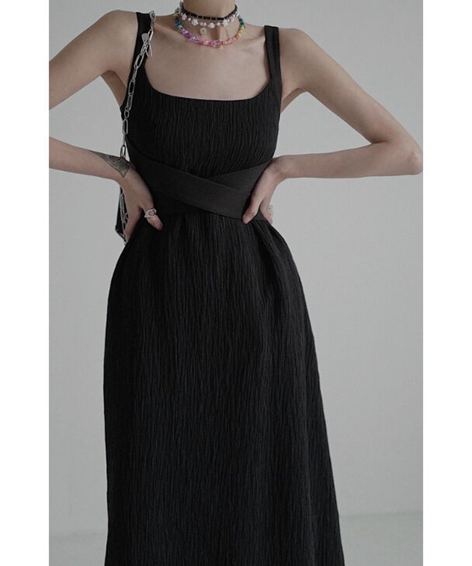Crinkled Square Neck Long Dress