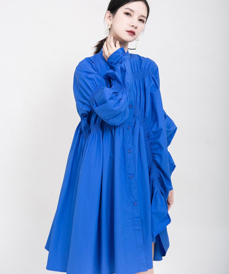 blue asymmetric pleated dress