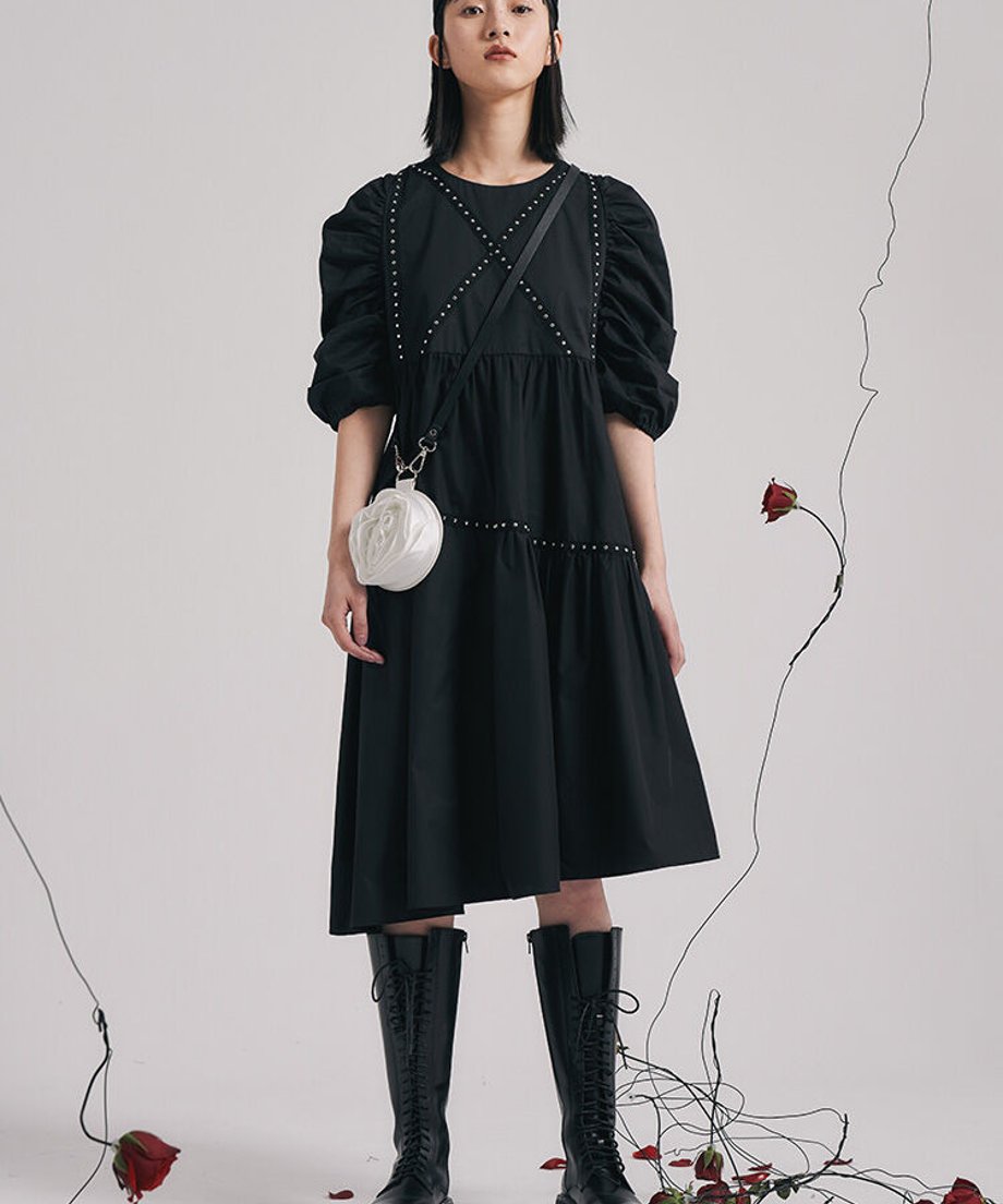 Studded Puff Sleeve Flare Dress