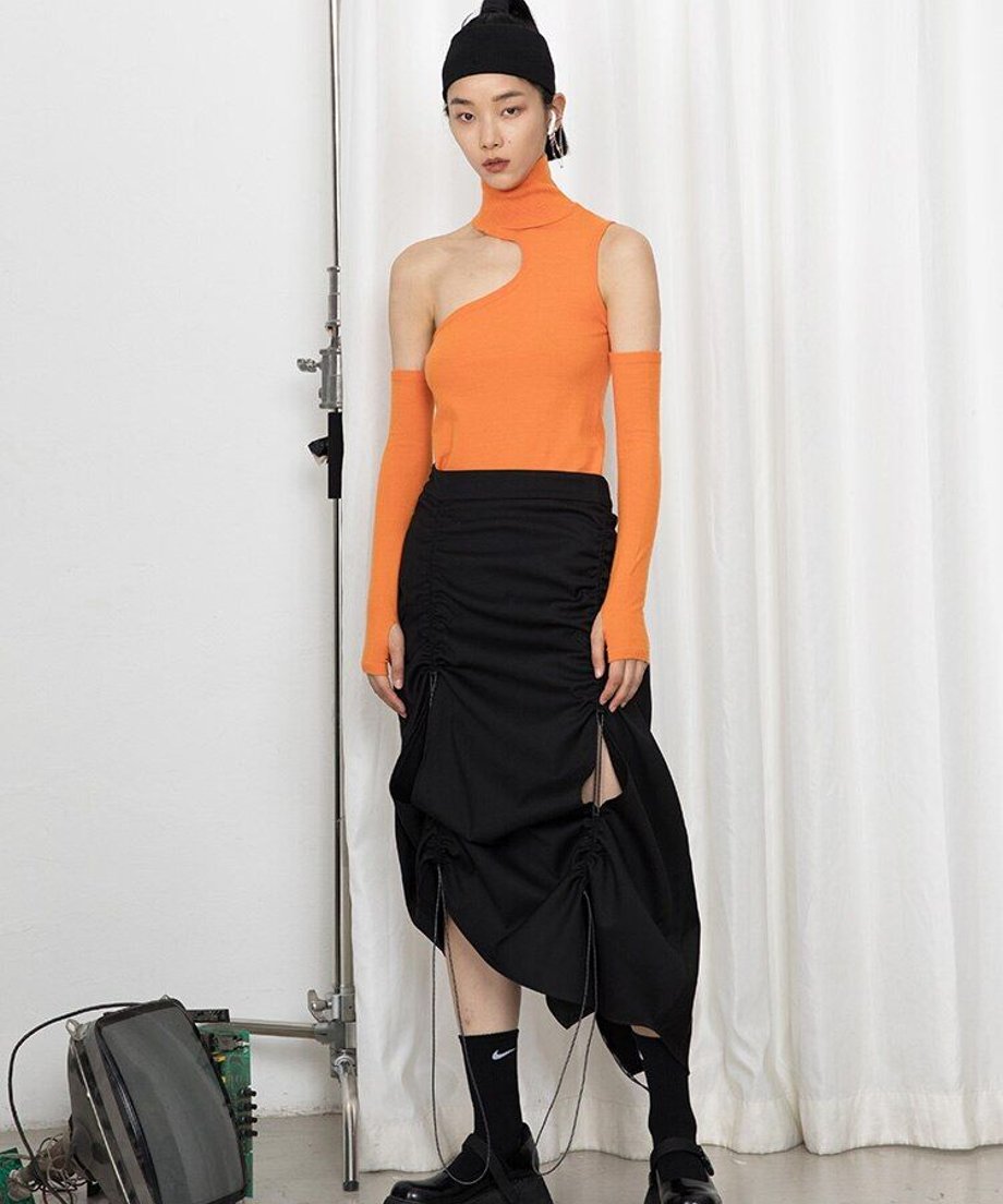 Drawstring Ruched Slit Skirt