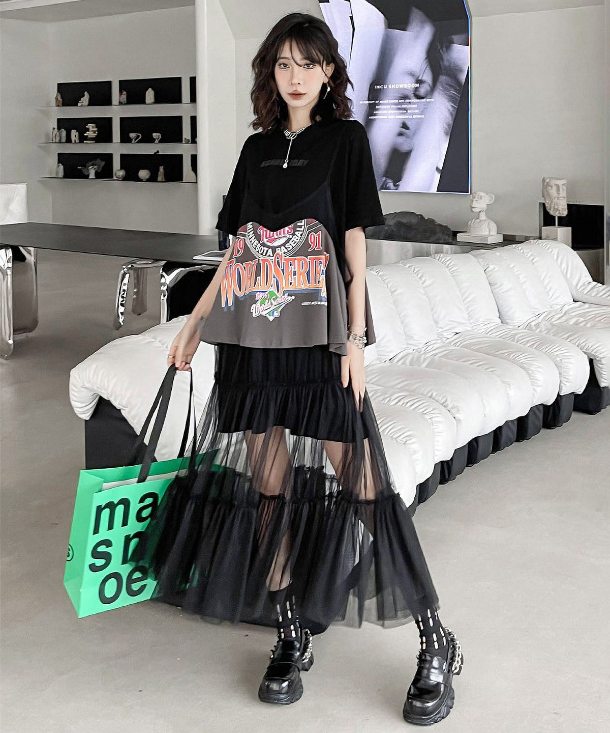 Loose T-shirts &amp; Mesh Dress Co-ord