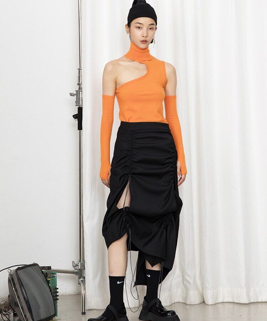 Drawstring Ruched Slit Skirt