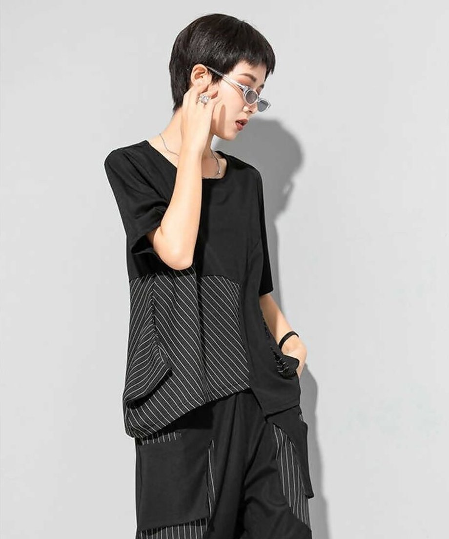 Asymmetric Stripe Panel Pocket Top