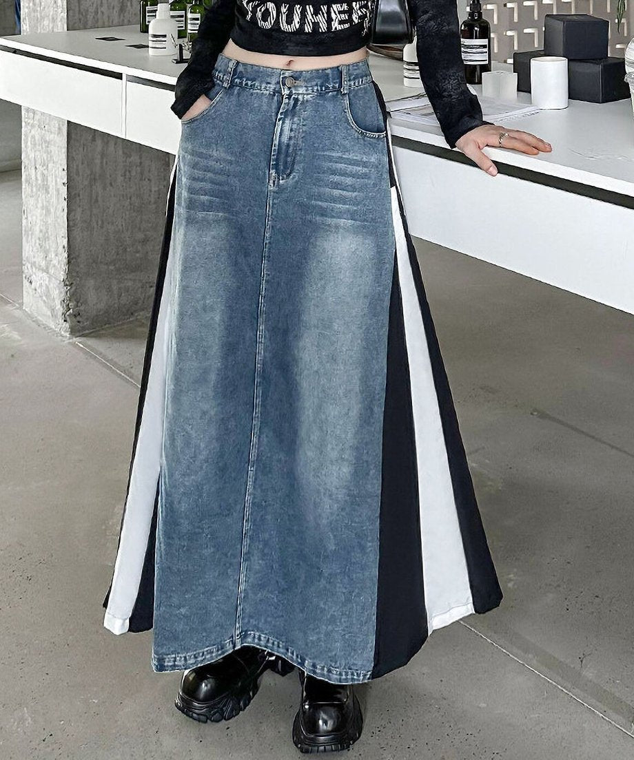 Hybrid Denim Flare Maxi Skirt