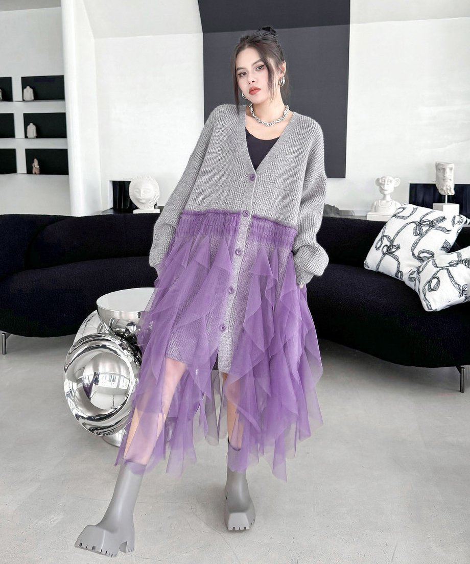 Ruffle Tulle Long Cardigan