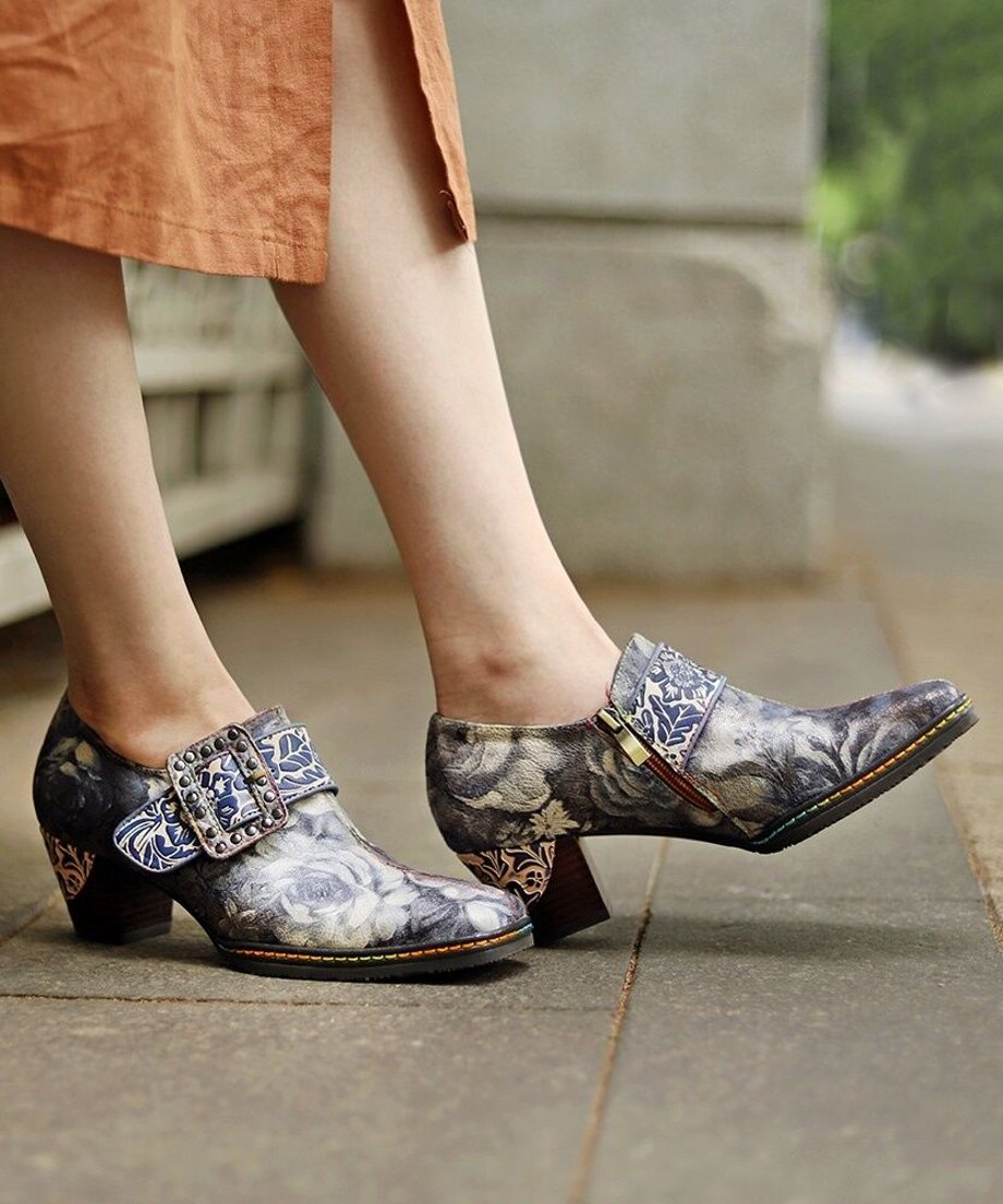 Vintage Floral Buckle Artistic Heel Shoes