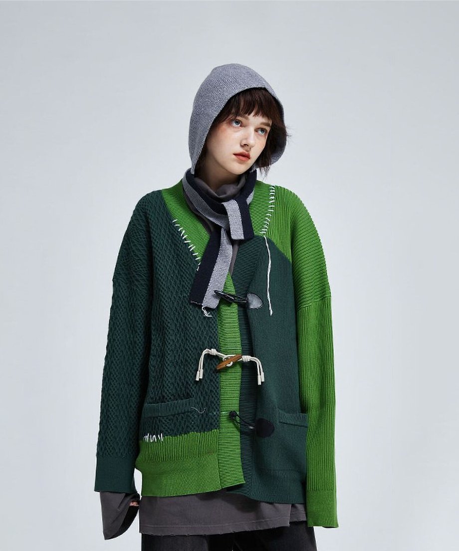 Two-Tone Patchwork Knit Cardigan