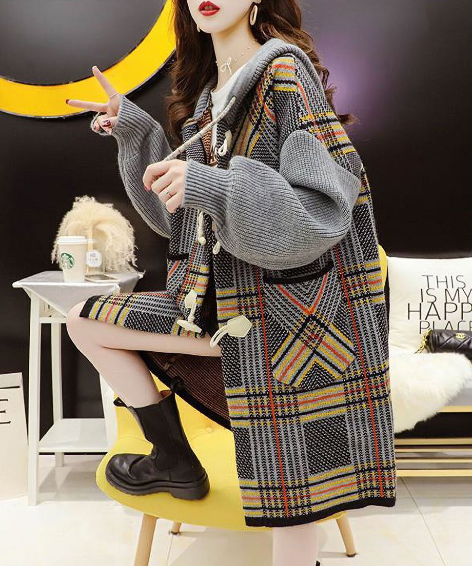 Plaid Patchwork Knit Hooded Jacket
