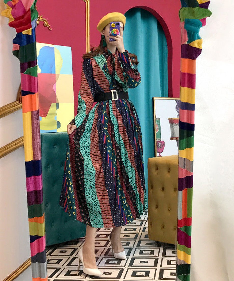 Retro Print Bowtie Dress
