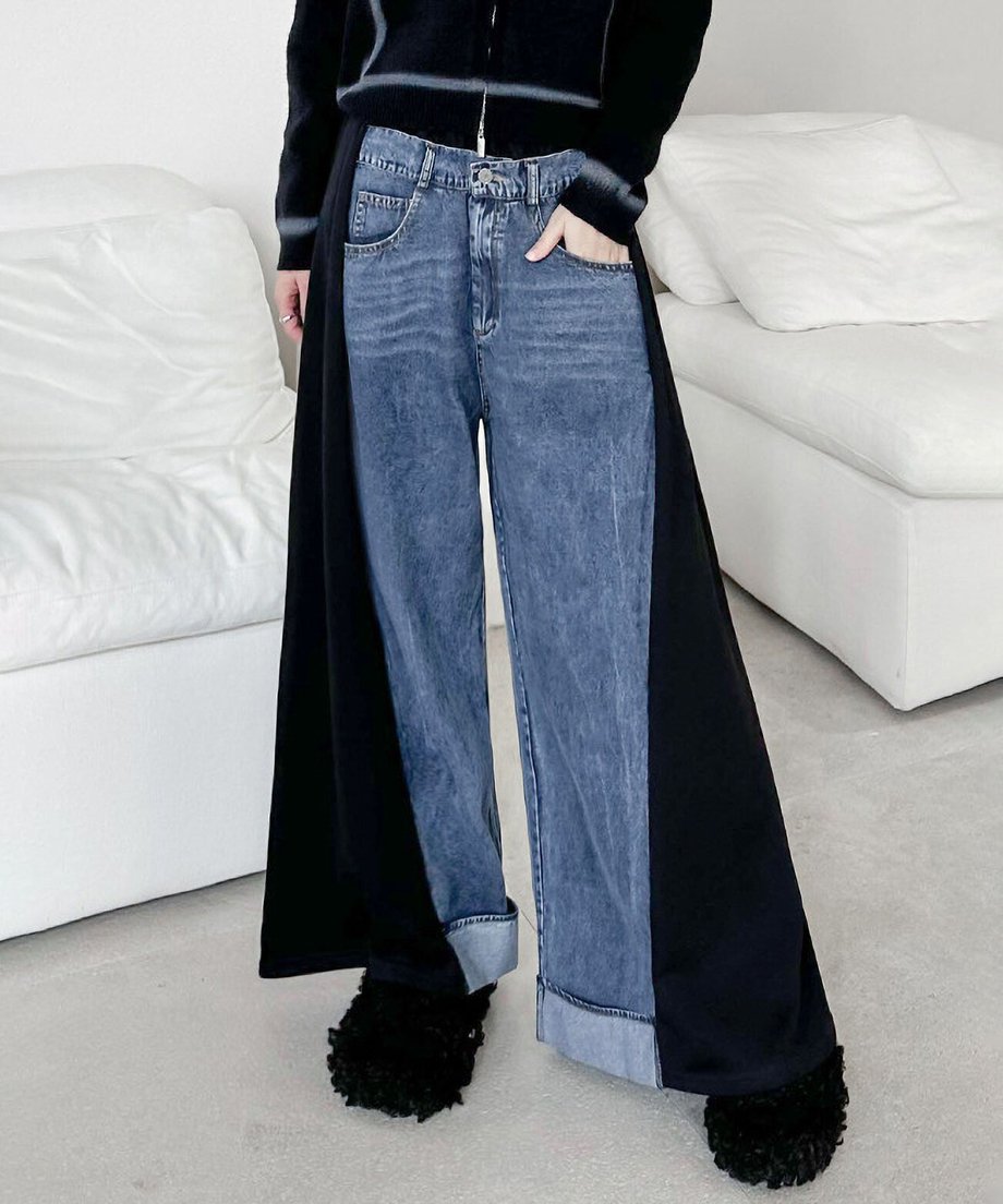 Layered Wide Panel Denim Pants