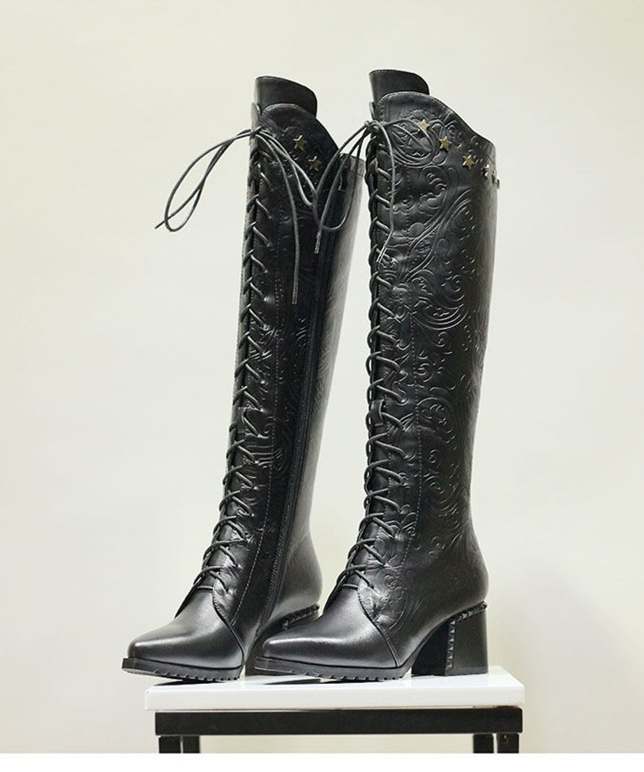 Embossed Lace-Up Tall Boots