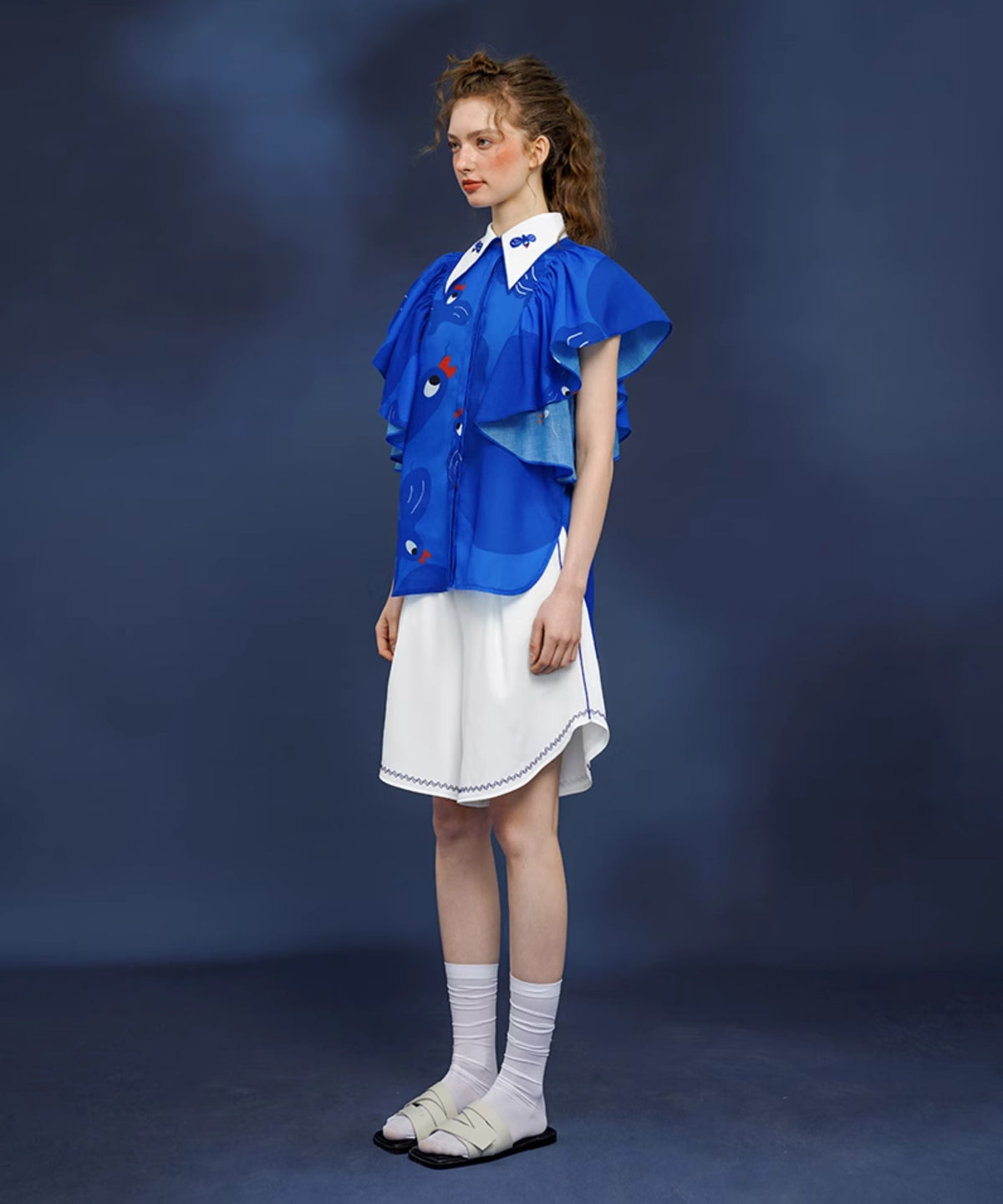 Blue Bird Ruffle Sleeve Blouse
