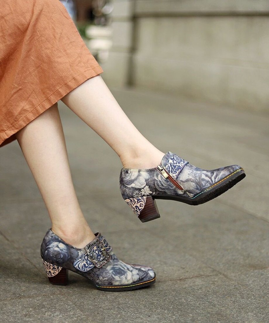 Vintage Floral Buckle Artistic Heel Shoes