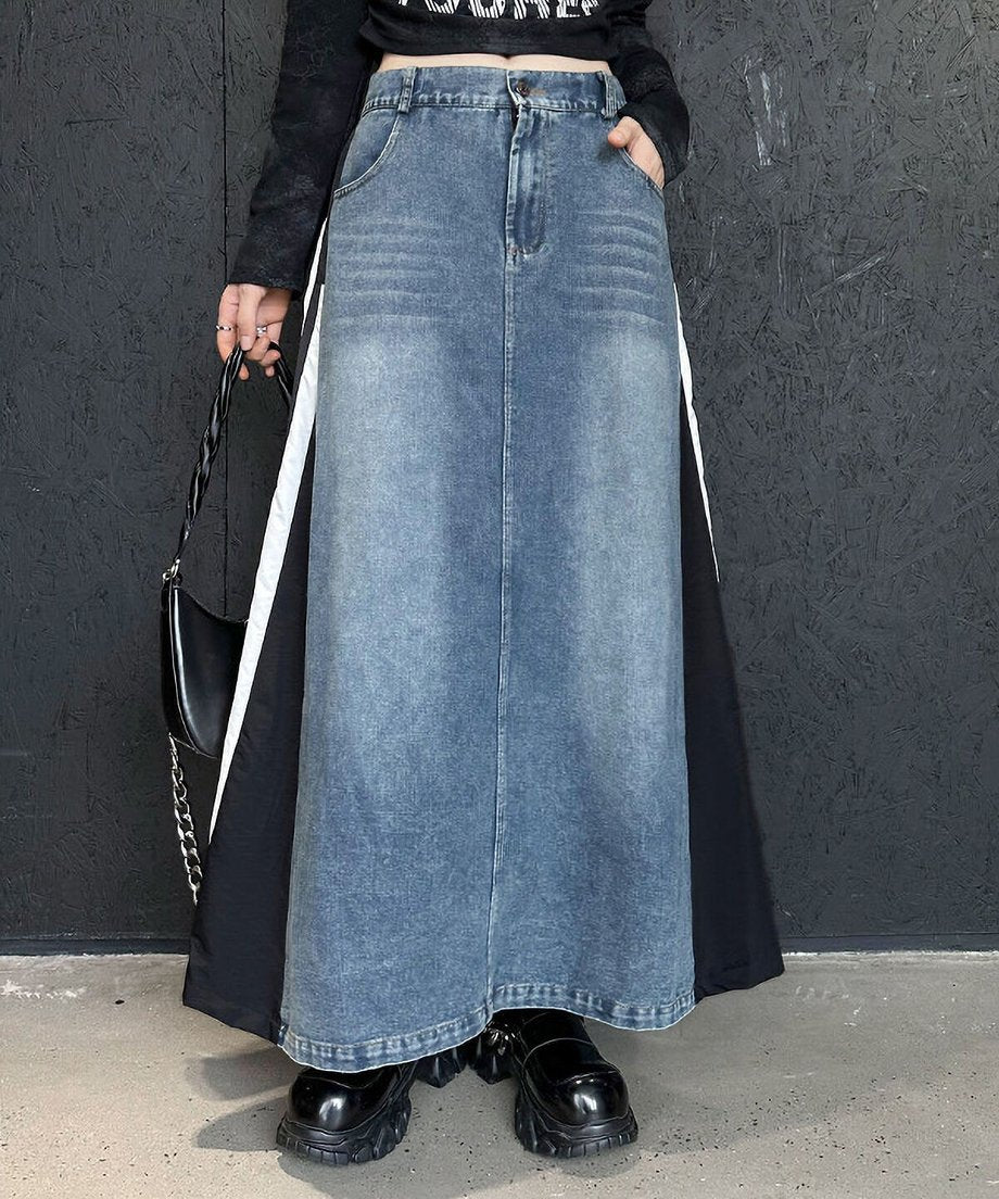 Hybrid Denim Flare Maxi Skirt