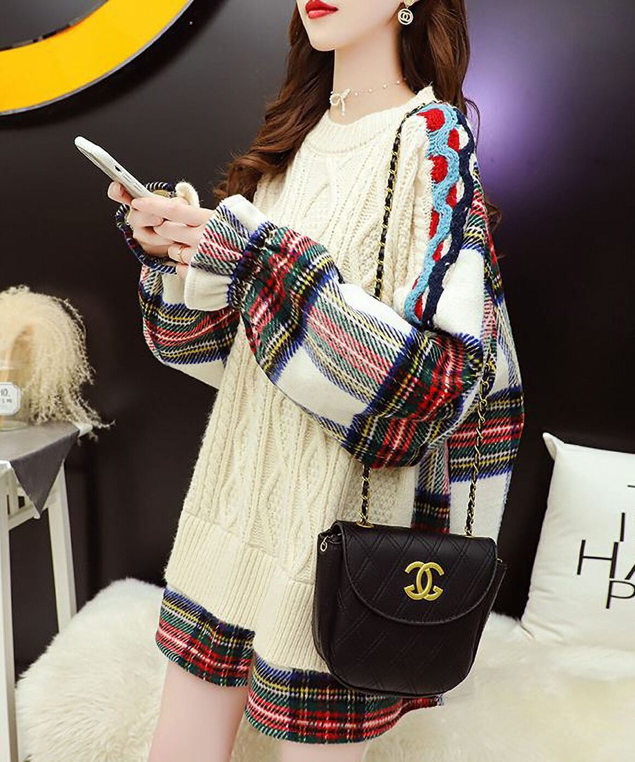 Back Plaid Cable Sweater