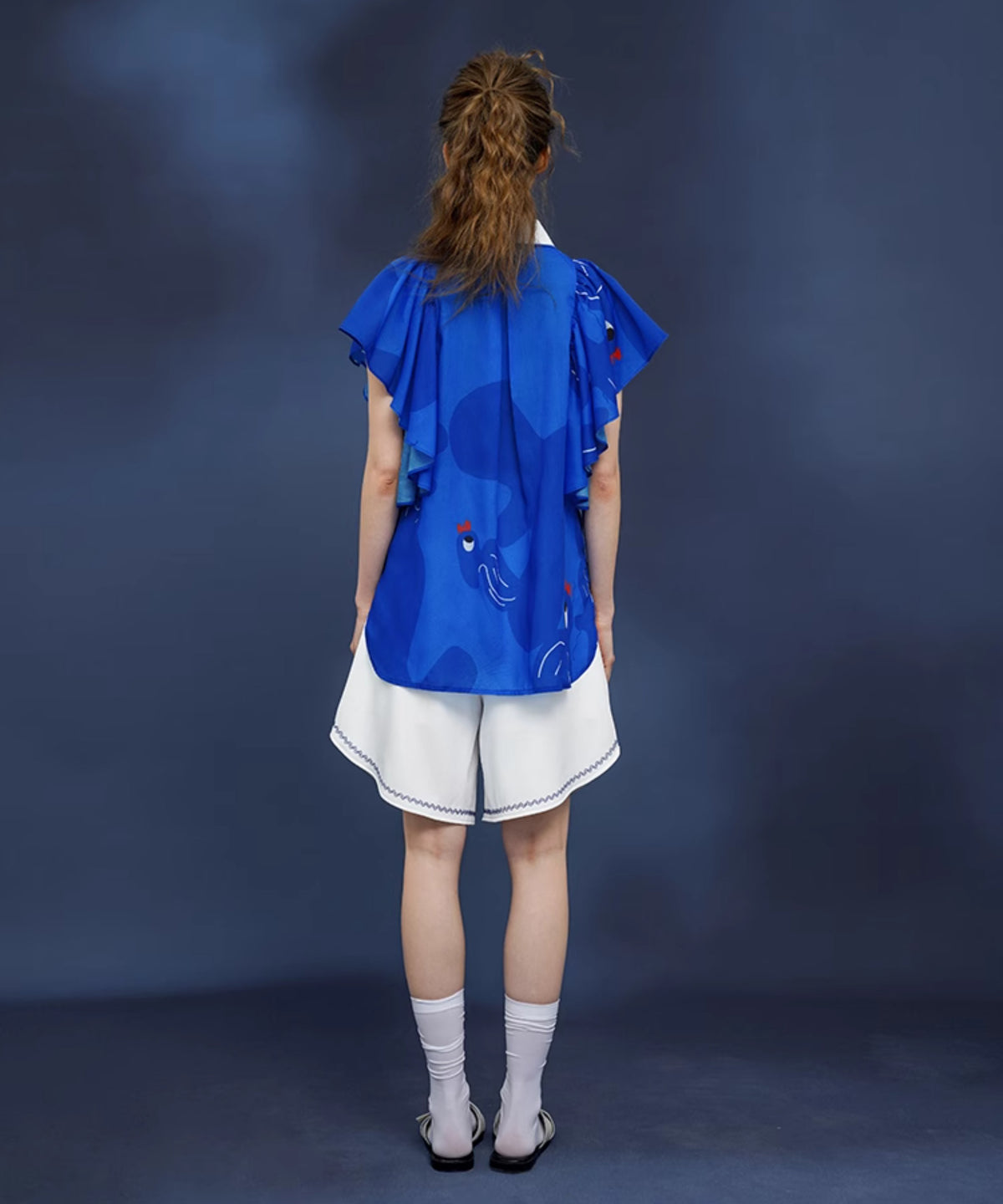 Blue Bird Ruffle Sleeve Blouse