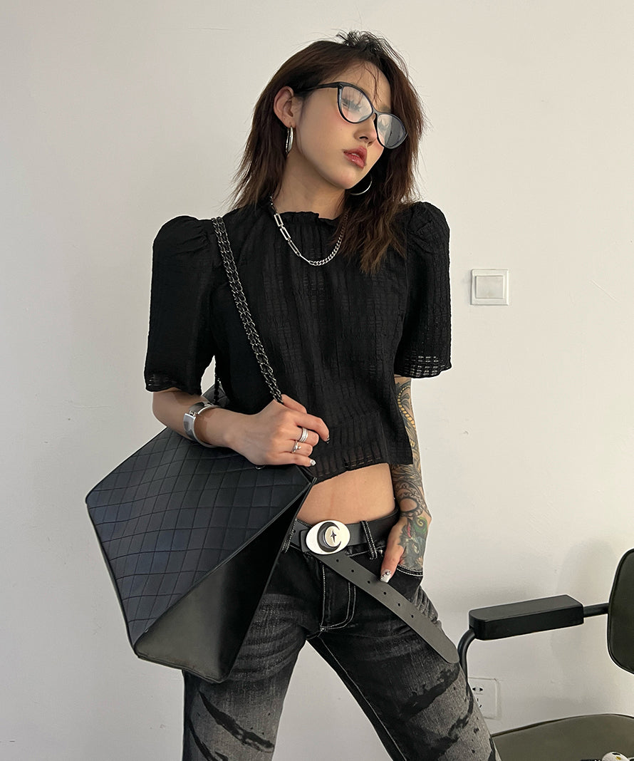 Puff Sleeve Ripple-fabric Top