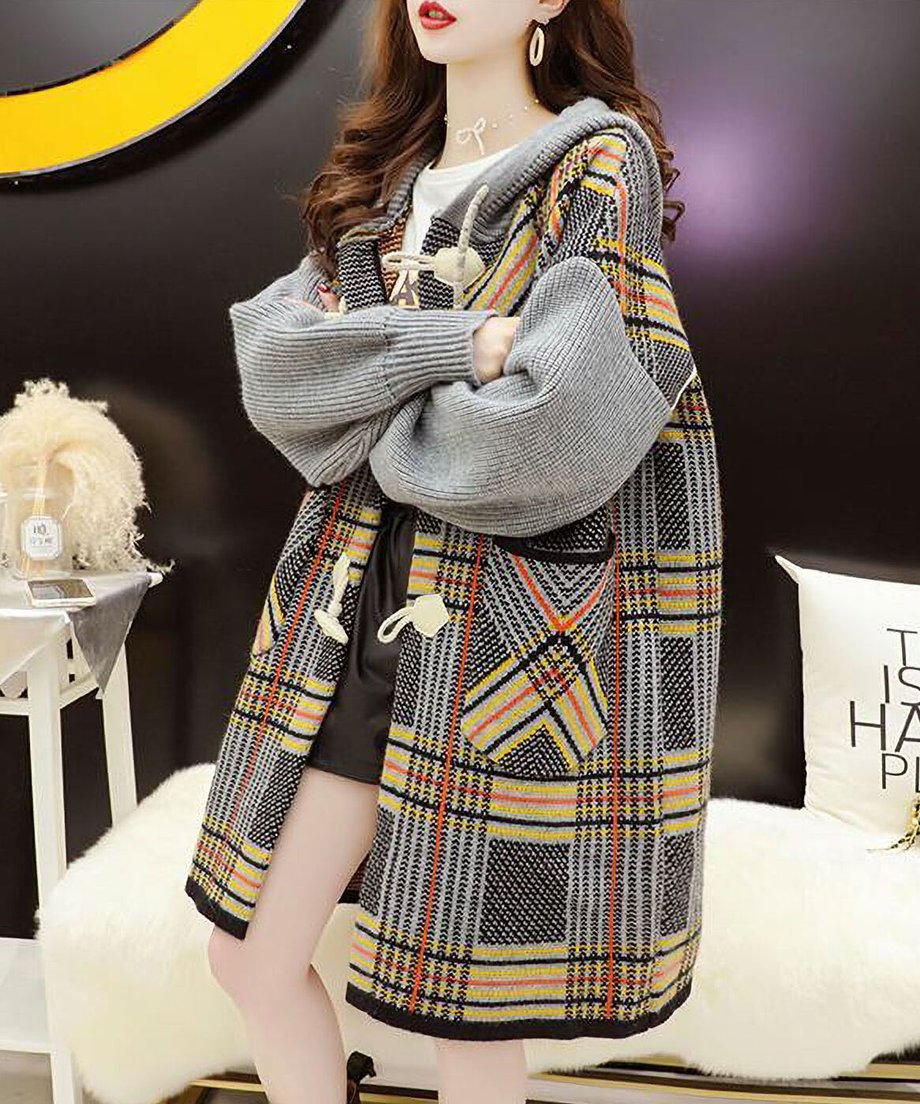 Plaid Patchwork Knit Hooded Jacket