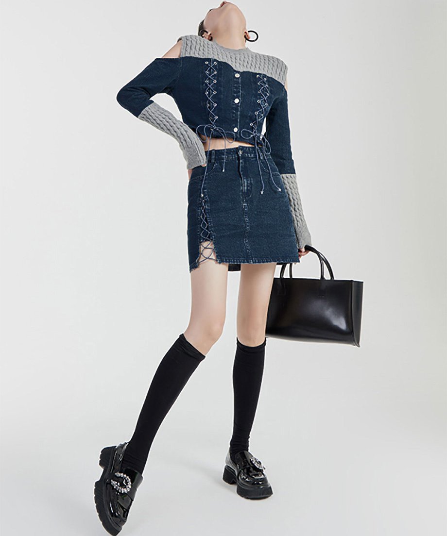 Open Shoulder Denim Top