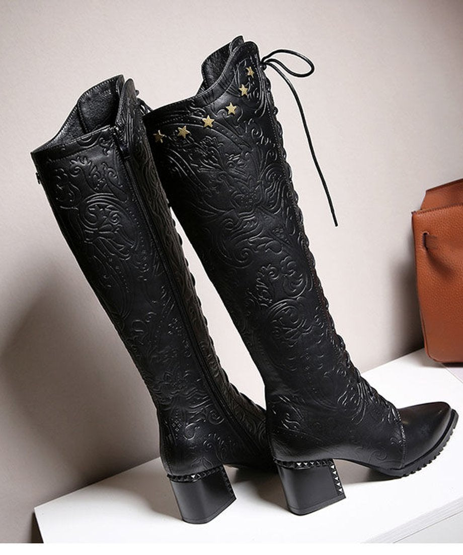 Embossed Lace-Up Tall Boots