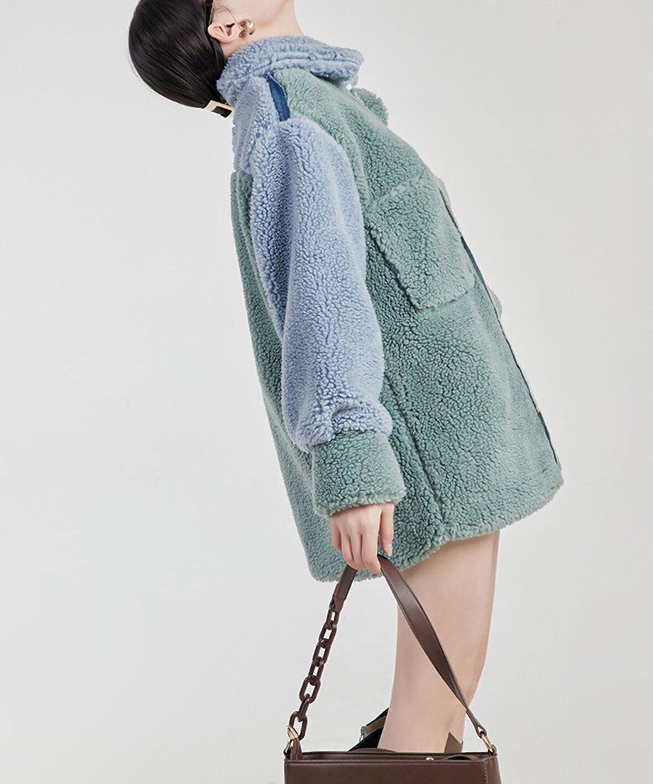 Mixed Texture Color Block Boa Coat