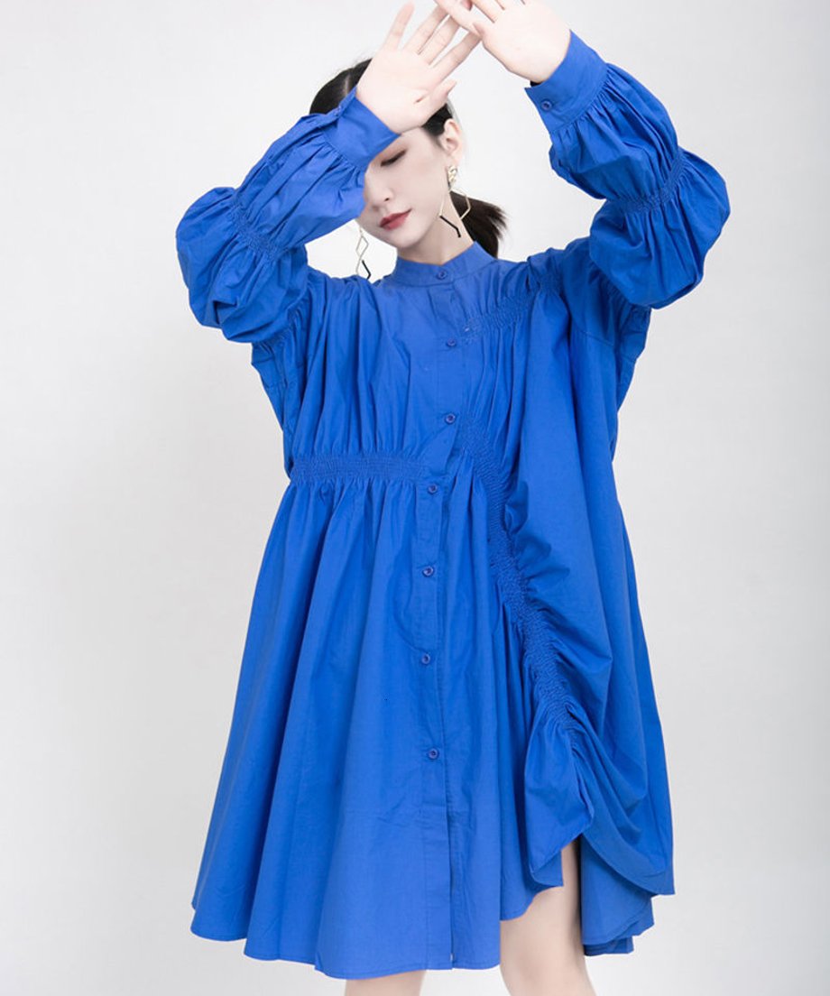blue asymmetric pleated dress