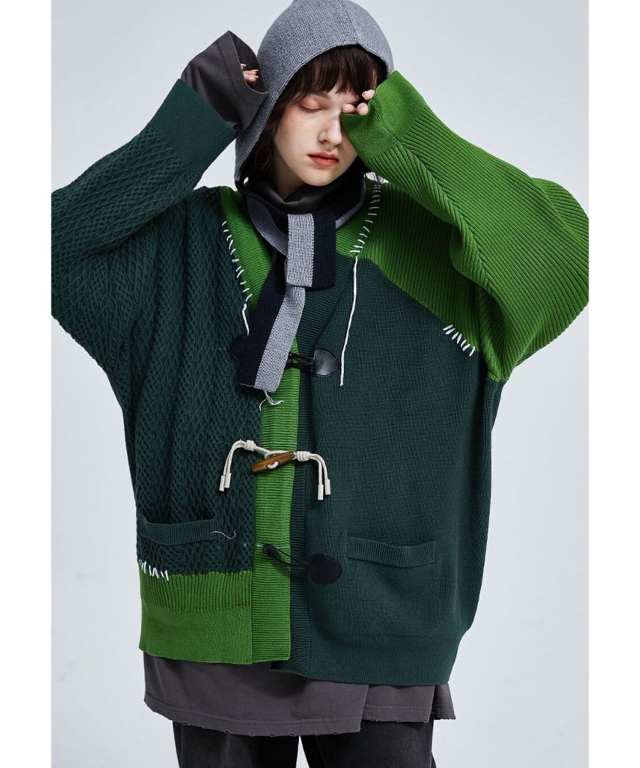 Two-Tone Patchwork Knit Cardigan