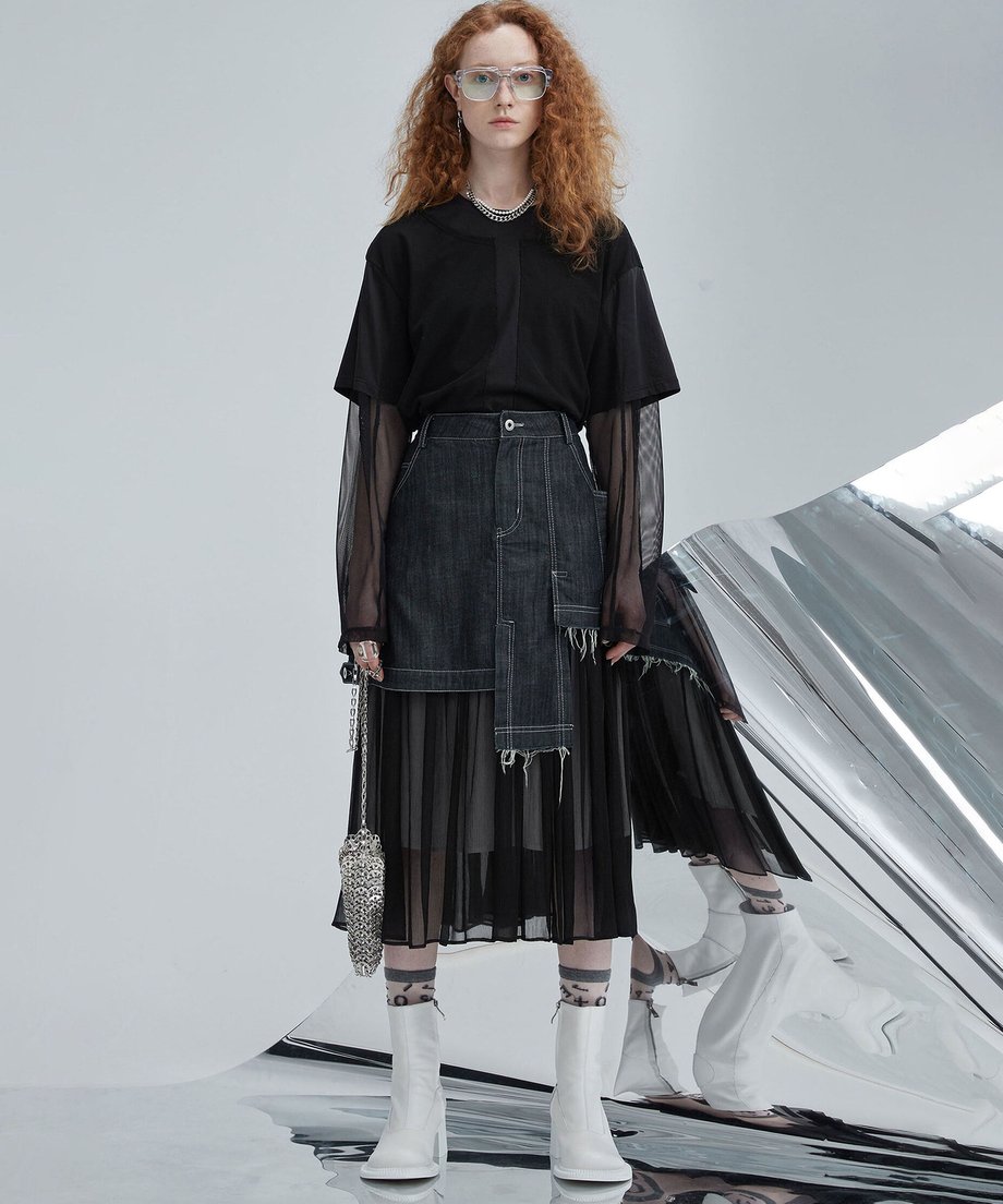 Hem Tulle Denim Skirt