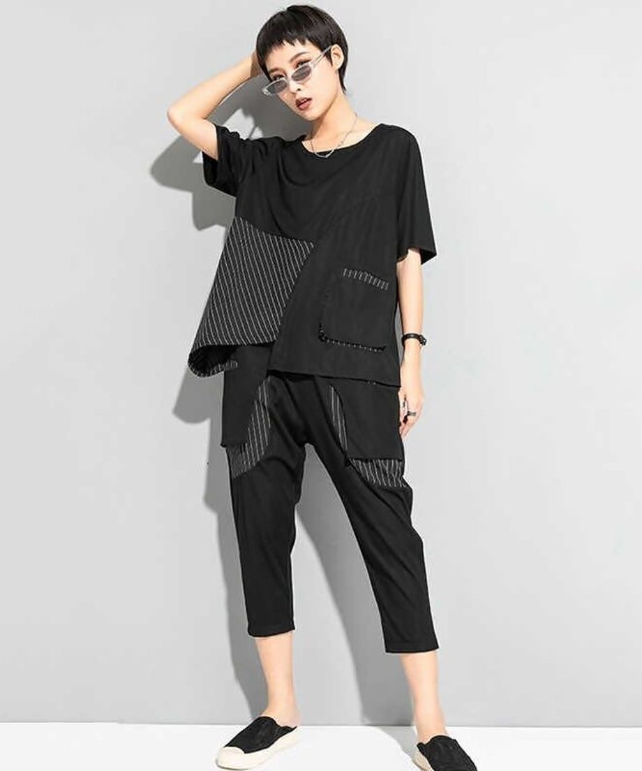 Asymmetric Stripe Panel Pocket Top