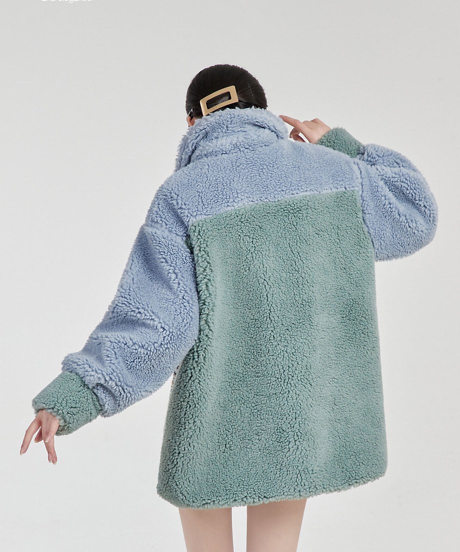Mixed Texture Color Block Boa Coat
