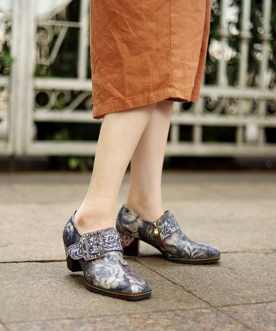 Vintage Floral Buckle Artistic Heel Shoes