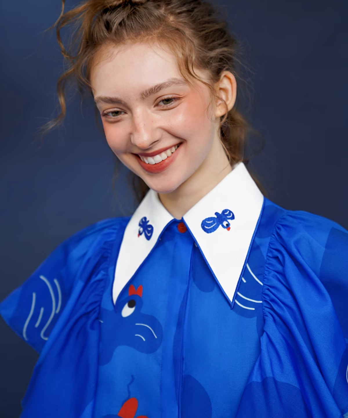 Blue Bird Ruffle Sleeve Blouse