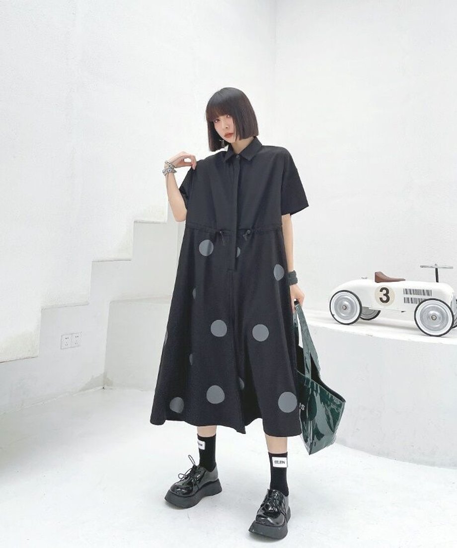 Polka Dot Drawstring Shirt Jumpsuit