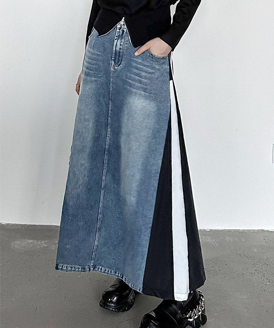 Hybrid Denim Flare Maxi Skirt