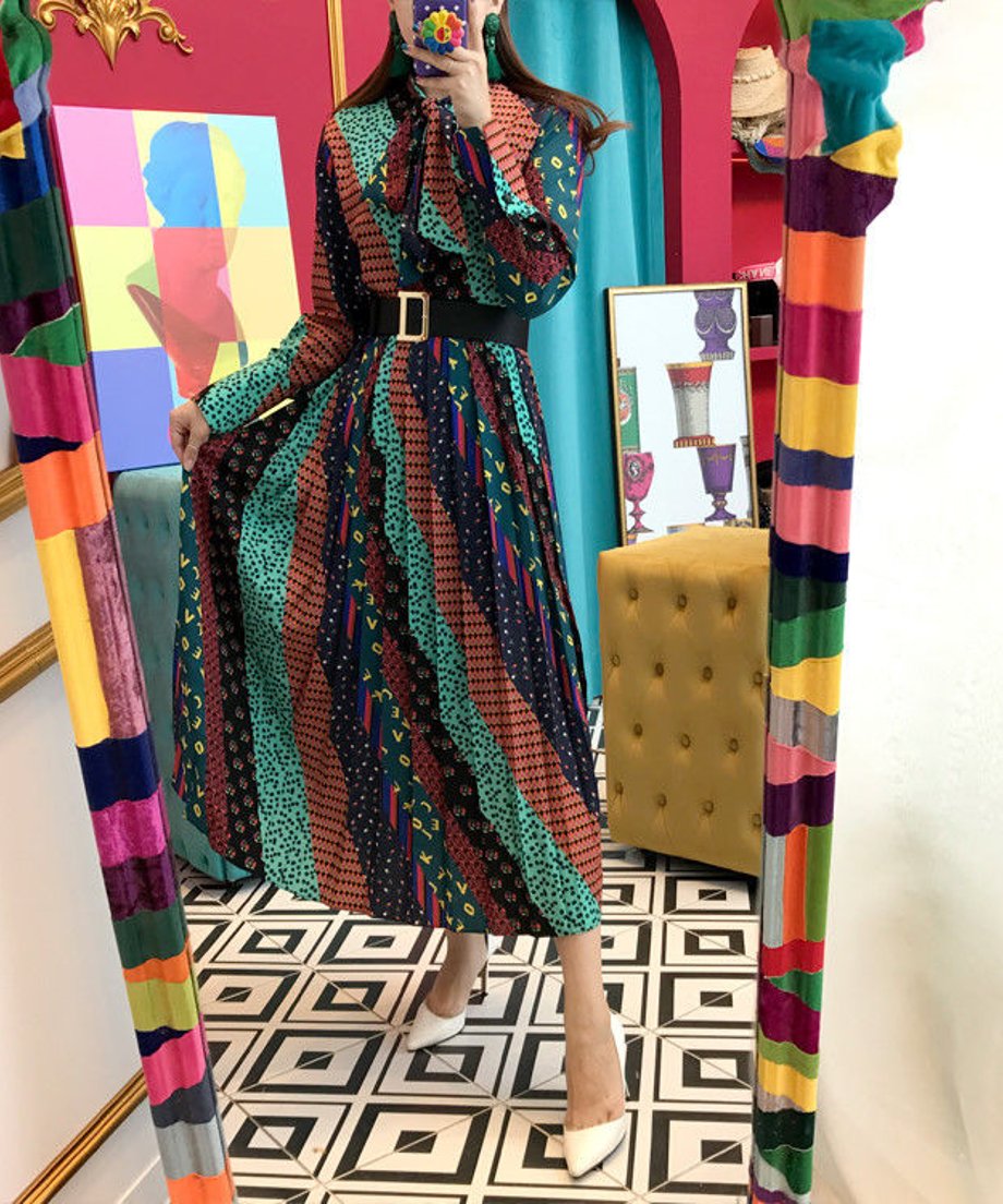 Retro Print Bowtie Dress