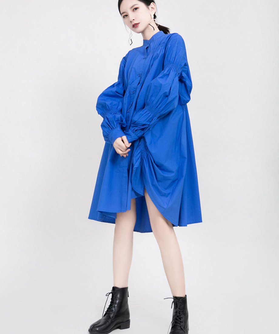 blue asymmetric pleated dress