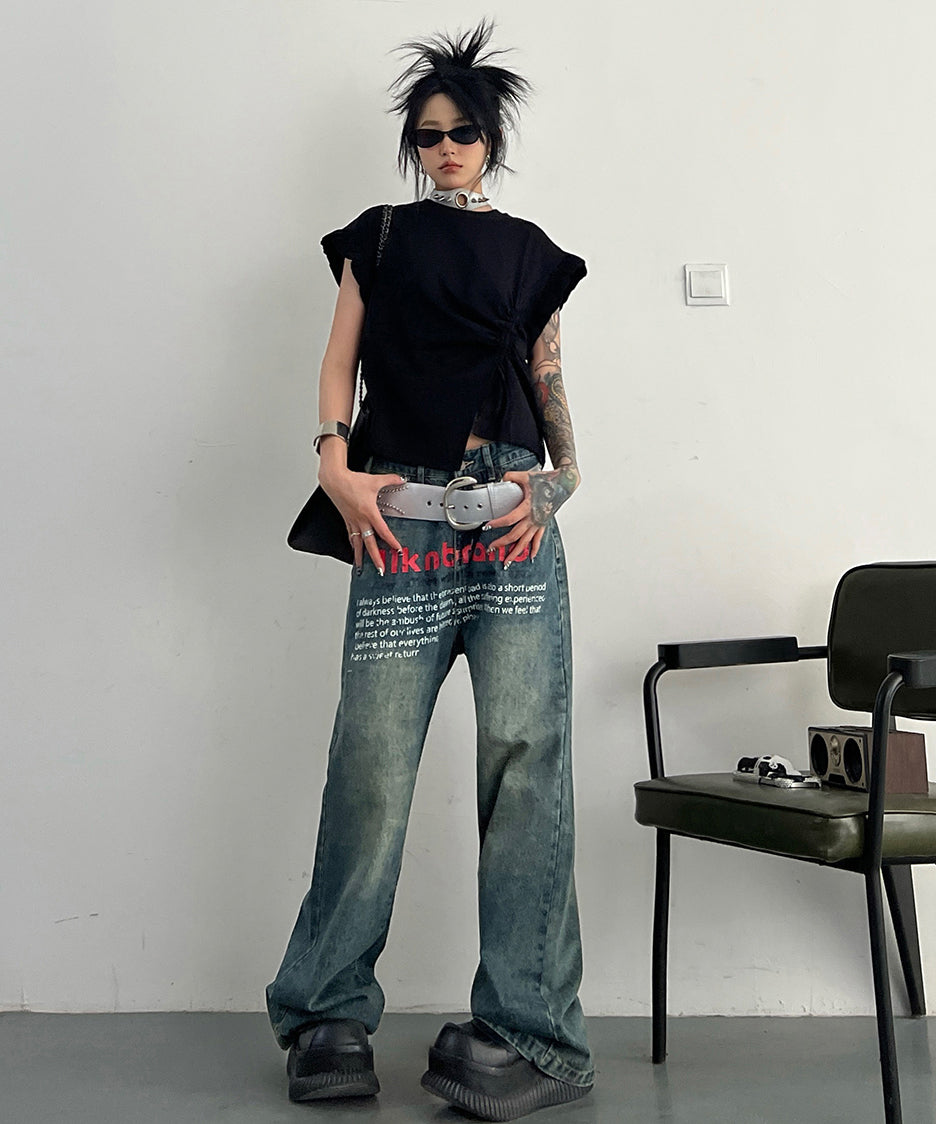 English Letter Print Denim Pants
