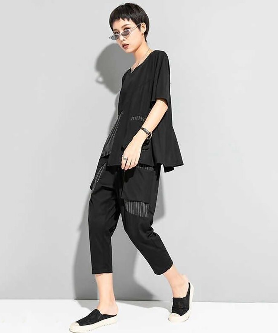 Asymmetric Stripe Panel Pocket Top