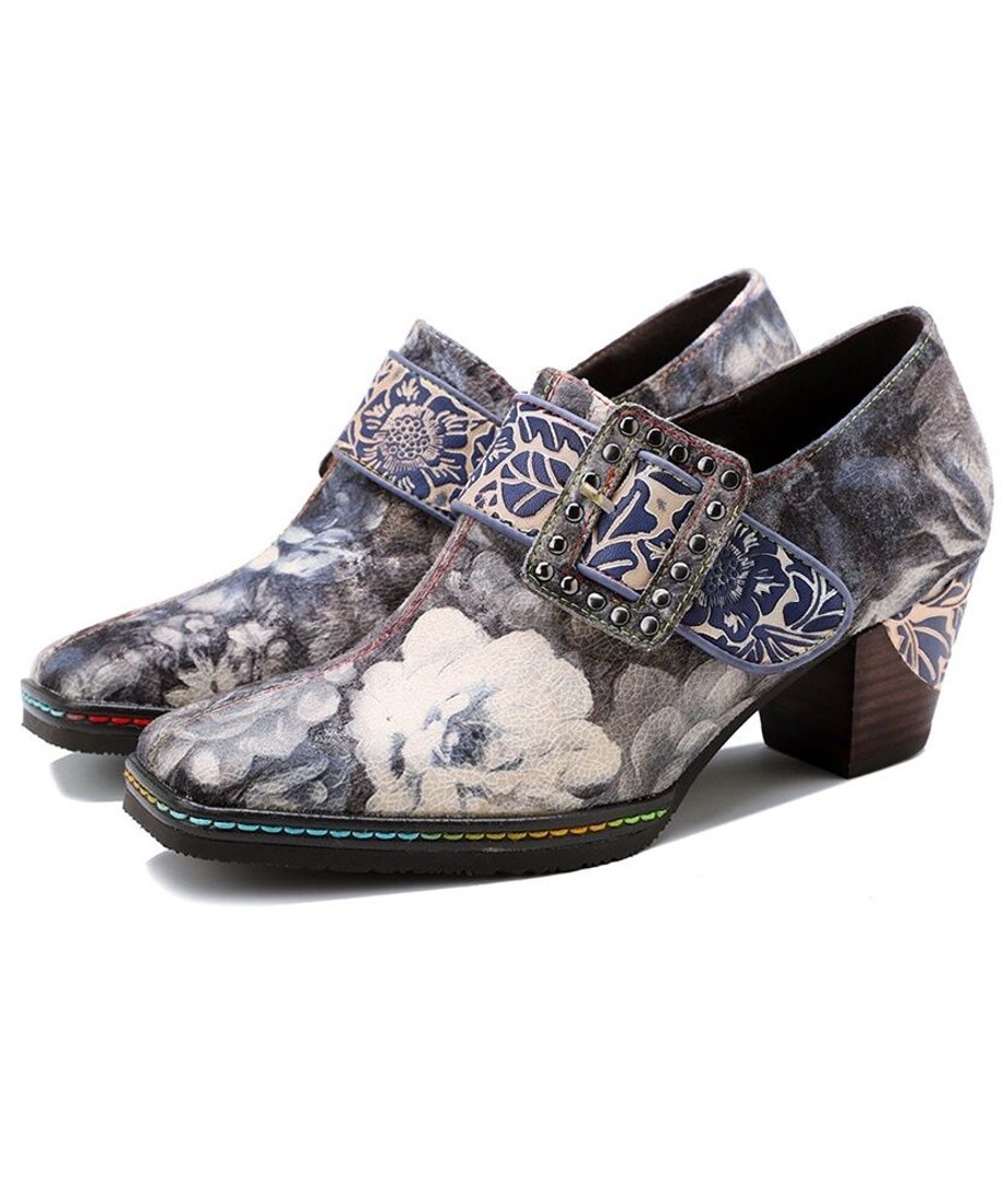 Vintage Floral Buckle Artistic Heel Shoes